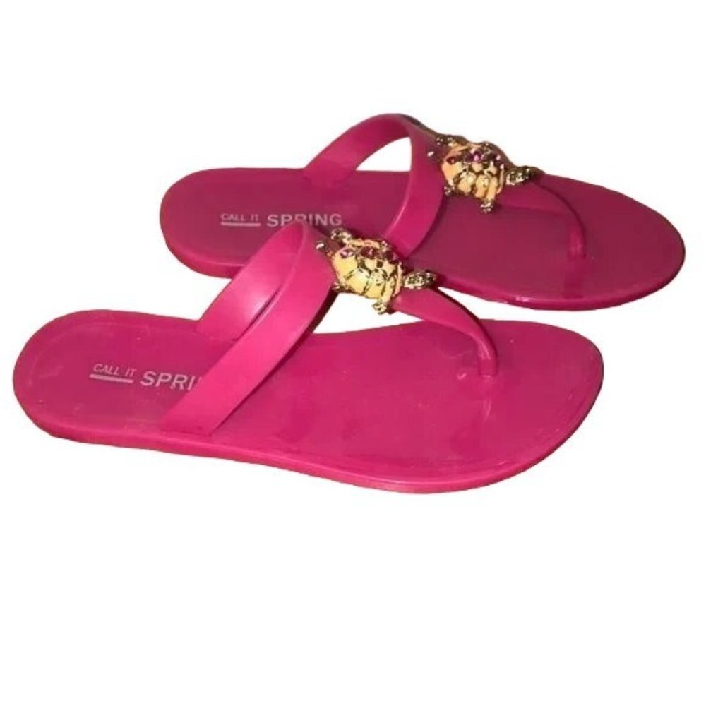 Call It Spring Sandals Flip Flops Women Sz 7 Hot Pink Rhinestone‎ Turtles Accent